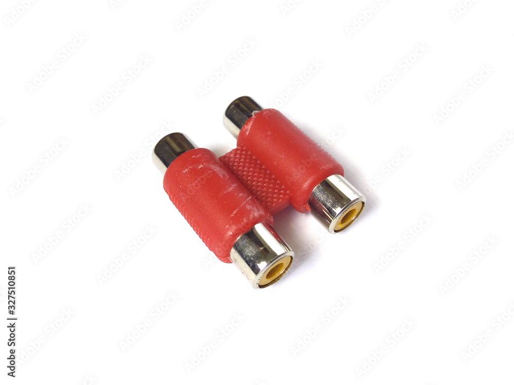 Close up of red audio connector isolated on white background. Audio equipment. Close up of red audio connector isolated on white background. Audio equipment.