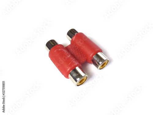 Close up of red audio connector isolated on white background. Audio equipment. © Thaimage