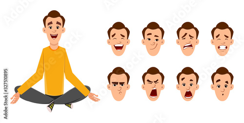 Young man doing yoga or relax meditation. businessman character with different type of facial expression