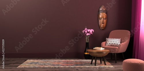 szablon makieta przestrzeń robocza na tle wnętrza w stylu etnicznym, fotel stolik i dekoracje w naturalnym świetle. Ilustracja 3D