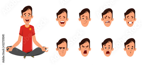 Young boy doing yoga or relax meditation. businessman character with different type of facial expression