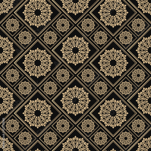 Islamic vector design. Seamless pattern oriental ornament. Black and golden textile print. Floral tiles.