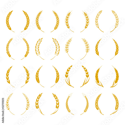 Set of simple wheats ears icons and wheat logo design elements for beer, organic fresh food corn farm, bakery themed agriculture design, grain element, wheat simple pattern. Vector illustration