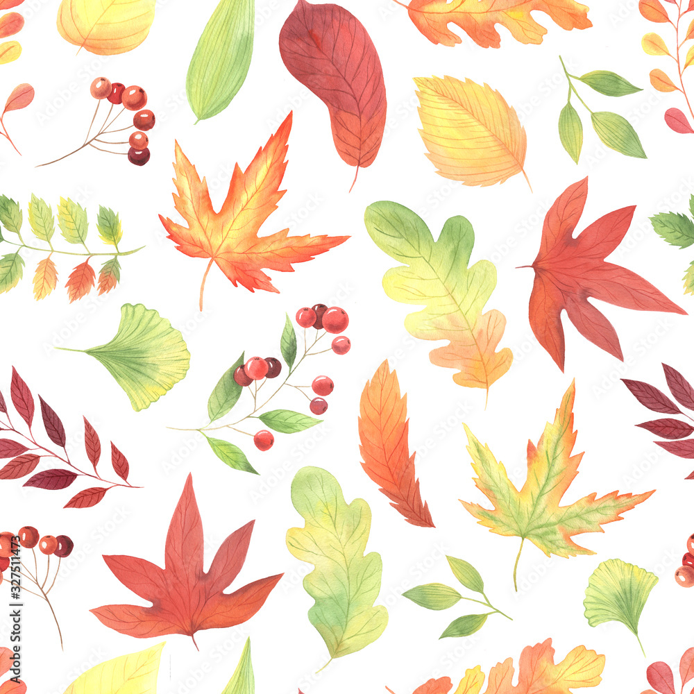 Obraz premium Seamless pattern with hand painted watercolor autumn leaves