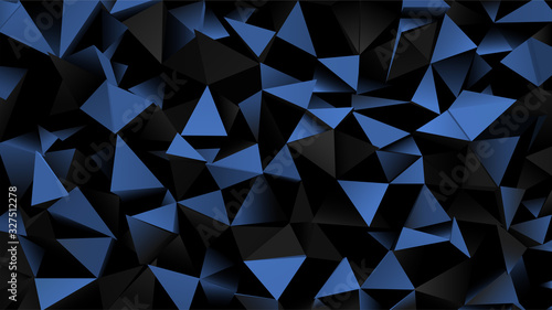 Abstract background with black and blue geometric triangular shapes. Modern space drawing. 3D rendering.