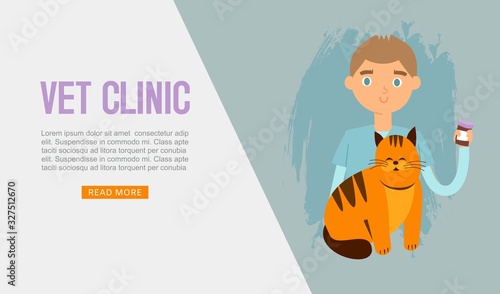 Veterinarian doctor examinates cat in vet clinic vector cartoon web page illustration. Pets health care website. Domestic animals treatment concept. Veterinary professional consultation online.