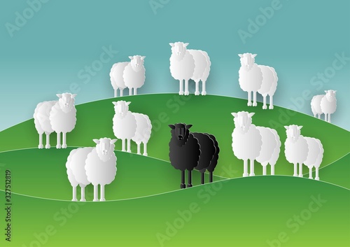 Black sheep stand in middle of White sheep group in Paper cut Style. Lamb family farm. Papercut of different 2 color sheep. Vector illustration
