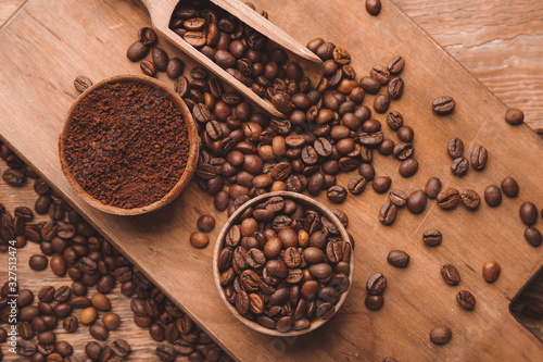 Composition with coffee beans on wooden background