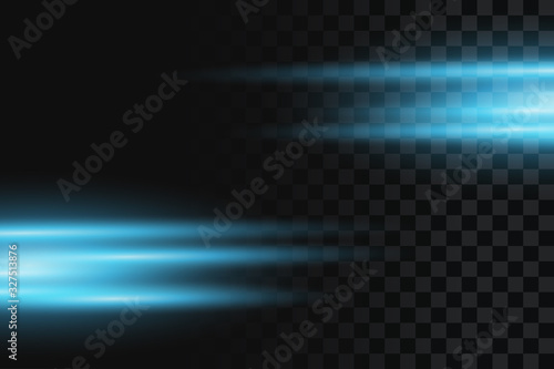 Abstract background with blue neon light stripes. Light effect lines or beams on transparent background. Fast speed blue rays. Vector illustration.