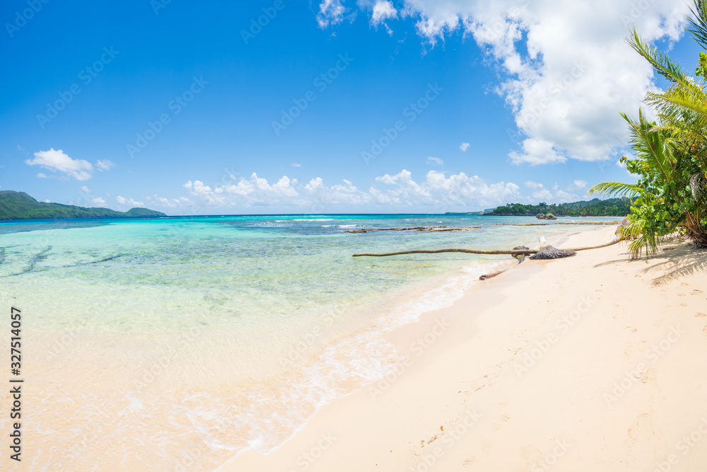 Beautiful tropical white sandy beach in Rincon, sunny day in Samana peninsula,Dominican Republic