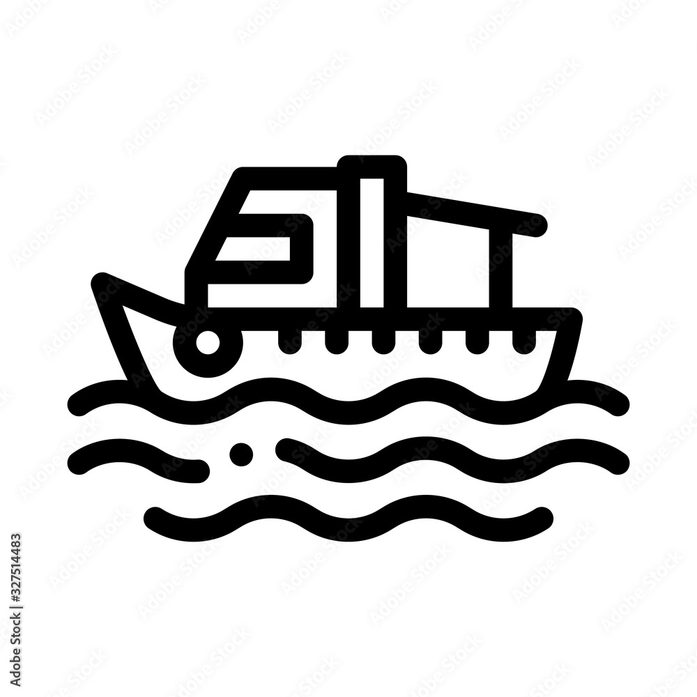 Obraz premium Fishing Boat On Water Wave Icon Thin Line Vector. Motor Boat, Sea Transport, Cruise Motorboat Concept Linear Pictogram. Monochrome Outline Sign Isolated Contour Symbol Illustration