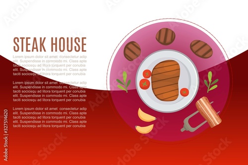 Steak and grill house menu vector illustration poster with fork and BBQ roaster and potato chips. Cartoon grilled steaks for barbeque meat restaurant.