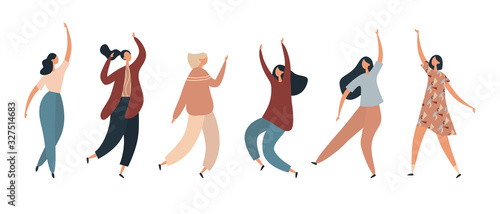 Diverse women dancing in excitement. Flat vector illustration