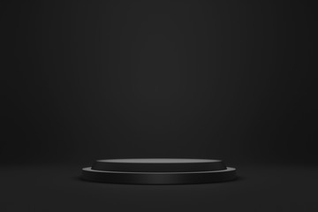 Black podium or pedestal display on dark background with cylinder stand concept. Blank product shelf standing backdrop. 3D rendering.