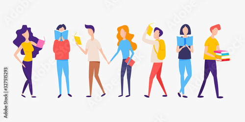 Literature fans.  People who love to Read.  Reading Books concept. Flat cartoon vector illustration.