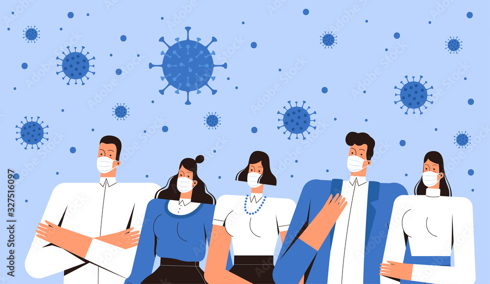 Group of people in medical masks looks at the 2019-nCoV coronavirus flying in the air. Young men and women confront the new virus. The concept of combating COVID-2019 - obrazy, fototapety, plakaty 
