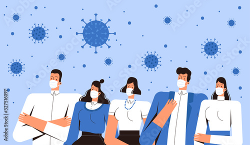 Group of people in medical masks looks at the 2019-nCoV coronavirus flying in the air. Young men and women confront the new virus. The concept of combating COVID-2019