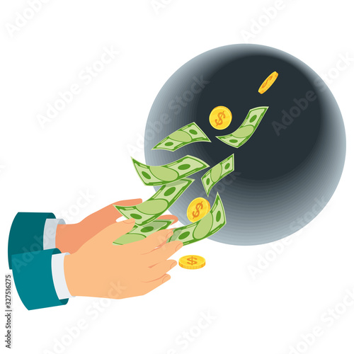 Waste of money concept. Dollar bills flying out of hands in black hole.