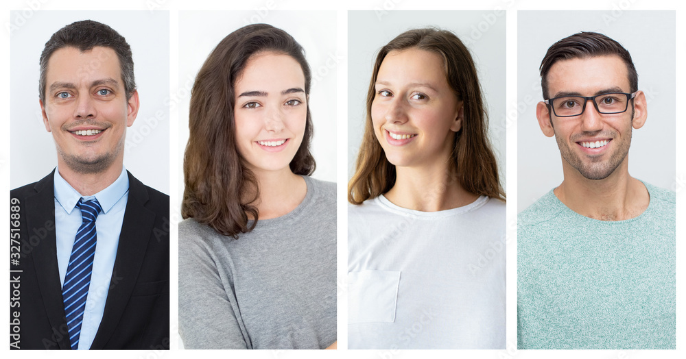 Fototapeta premium Happy confident different people studio shot collage. Men and woman of different ages posing for camera. Multiscreen montage, split screen collage. Studio portraits concept