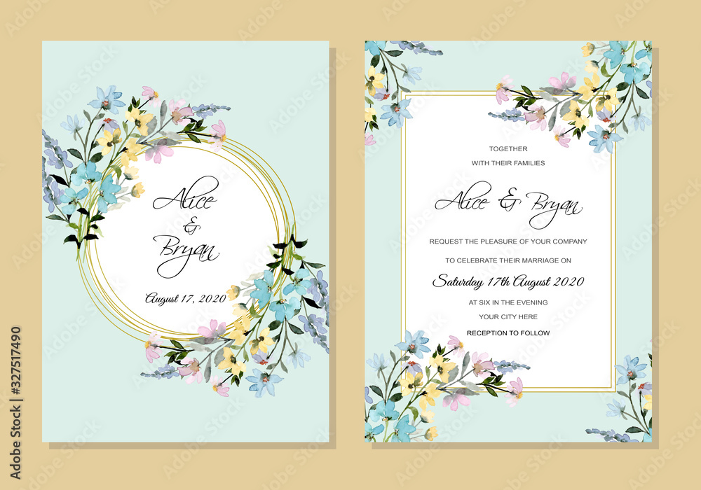 wedding invitation floral watercolor with soft blue background