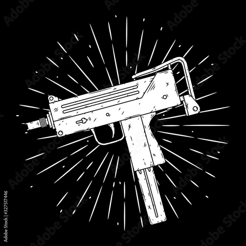 Uzi. Vector illustration with Uzi and divergent rays. Used for poster, banner, web, t-shirt print, bag print, badges, flyer, logo design and more. photo