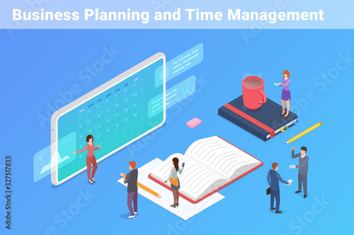 Isometric schedule calendar project timeline deadline vector illustration. People Time management teamwork concept.