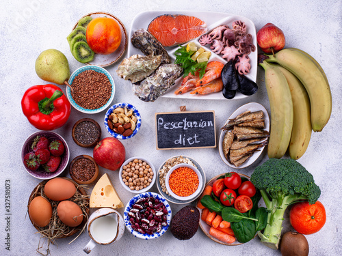 Pescetarian diet with seafood, fruit and vegetables