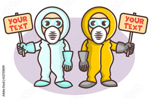 Two cartoon funny Epidemiologists or biologists characters in yellow and blue coverall with a signboard. Restriction area sign. Quarantine zone.