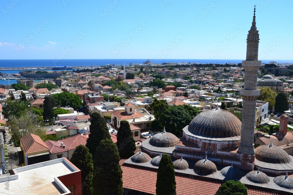 Rhodes, Greece. Aerial view, panorama of Rhodes town and sea view. The Suleymaniye Mosque (Mosque of Suleiman) in the foreground 