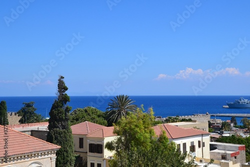 Rhodes, Greece. Aerial view, panorama of Rhodes town and sea view. Palace of the Grand Master of the Knights of Rhodes also known as the Kastello - Gothic architecture in Greece