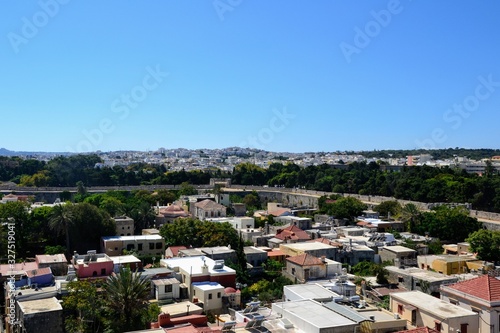 Rhodes, Greece. Aerial view, panorama of Rhodes town with buildings of the city and old walls
