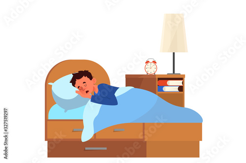 Little boy sleep. Person rest in the bed on the pillow late at night.
