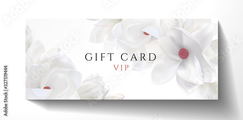 Gift card design for VIP invite. White background with magnolia flowers. Vector template useful for wedding gift certificate, anniversary  invitation, 8 March greeting, funeral thank you card