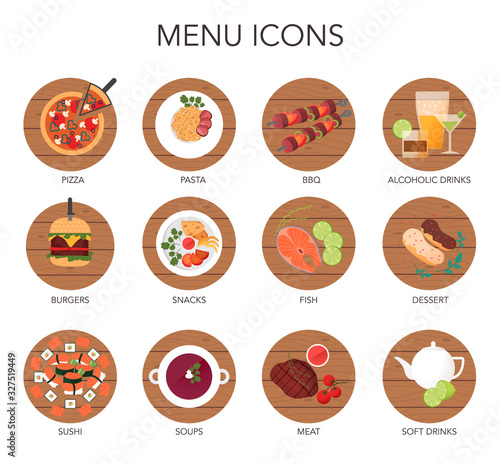 Catering or food delivery website icons set. Menu, contact, delivery.