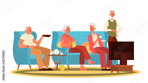 Old people sitting on sofa and watching TV. Grandfather and