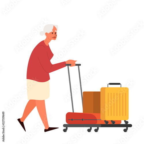 Vector illustration of elderly tourist woman with laggage