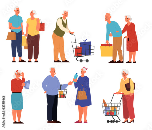 Set of old people in supermarket with carts byuing fruits, vegetables