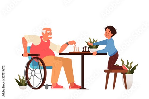 Set of old people in supermarket with carts byuing fruits, vegetables