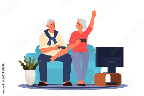 Old people playing video games. Seniors playing video games