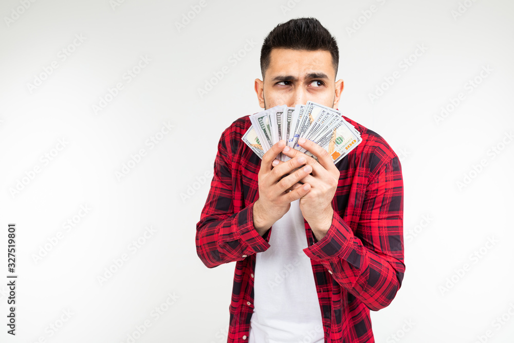 lucky man won the lottery and received money on a white background lucky man won the lottery and received money on a white background