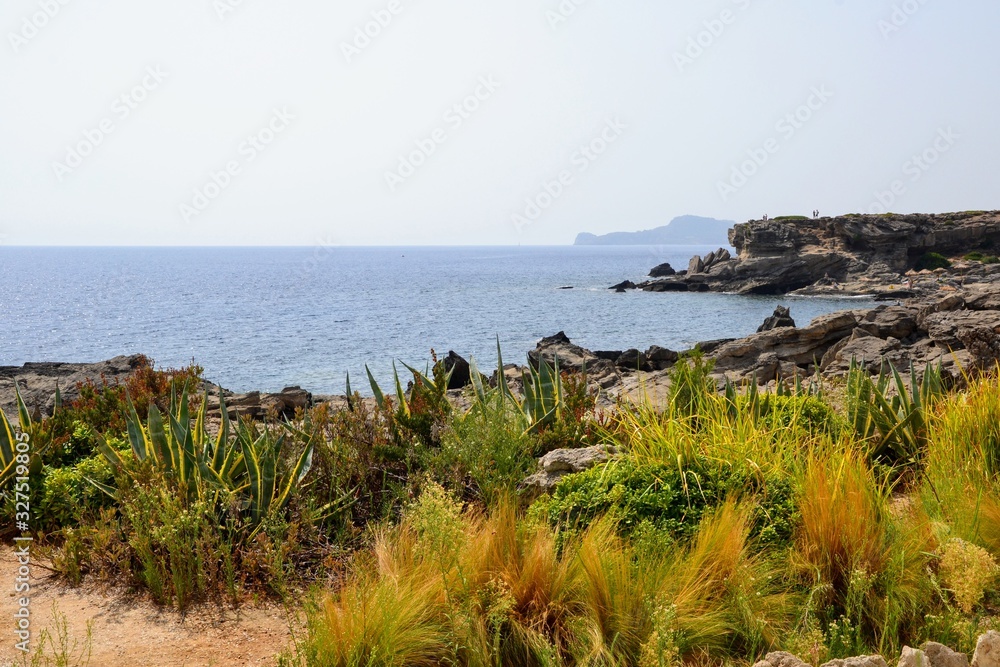 Beautiful northeast seacoast of Rhodes  rocky landscape. Seascape near Kallithea village. Rhodes, Greece