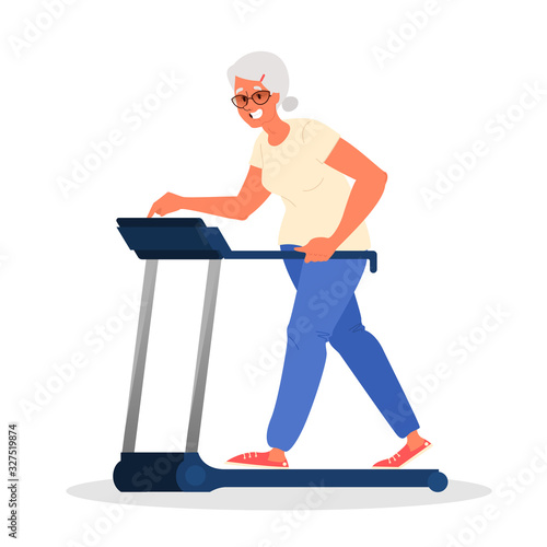 Old woman in the gym. Senior training on treadmill. Fitness program