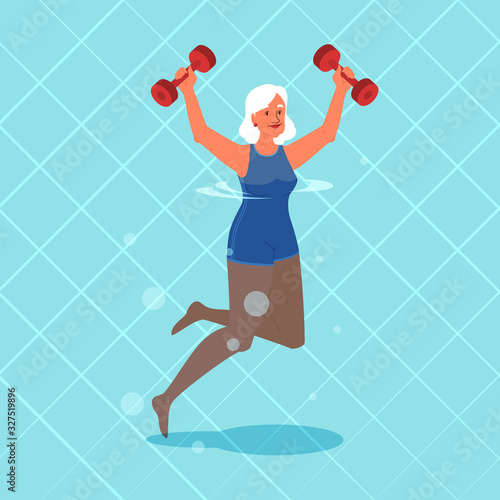 Old woman doing exercise with swimming pool dumbbell.