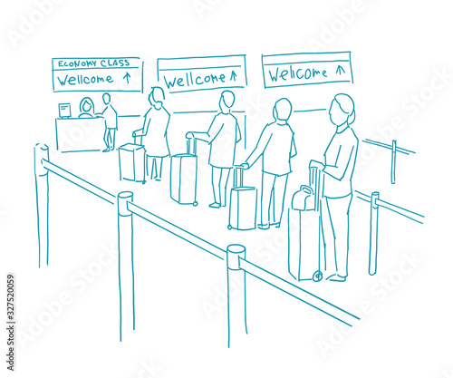 Queue departure check-in of Travelers. People with bags stand in line. Registration for the plane. Sketch hand drawn blue line vector.