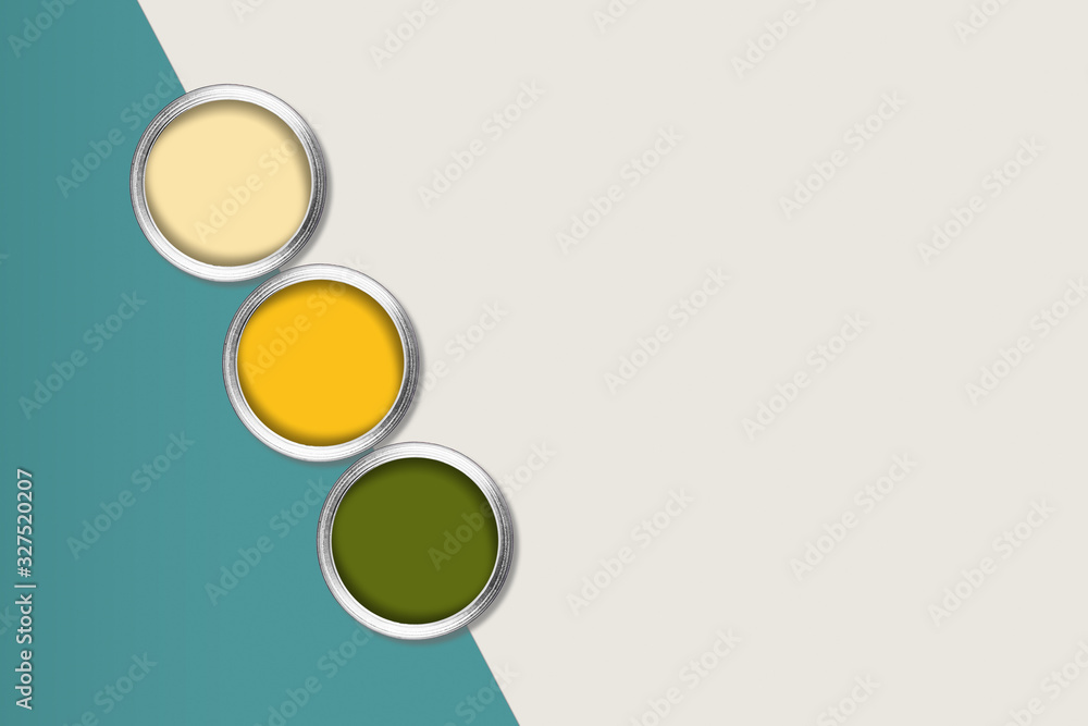 Grey and blue background with three cans of color paint, diagonal composition. Grey and blue background with three cans of color paint, diagonal composition.