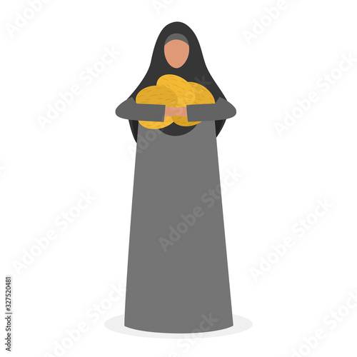 Muslim woman with melon. Arabian woman in traditional clothes.