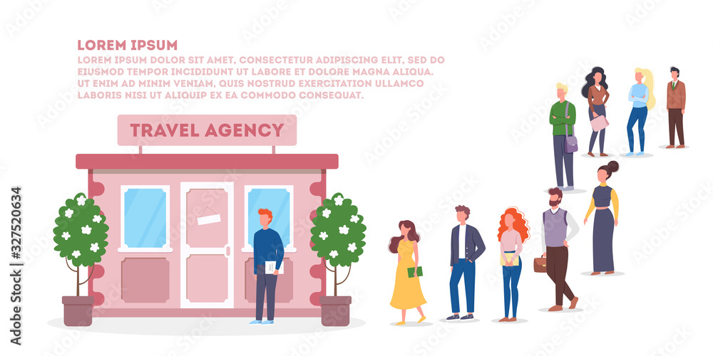 Vector illustration of big queue of people standing towards a travel agency - obrazy, fototapety, plakaty 