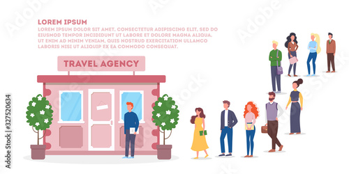 Vector illustration of big queue of people standing towards a travel agency