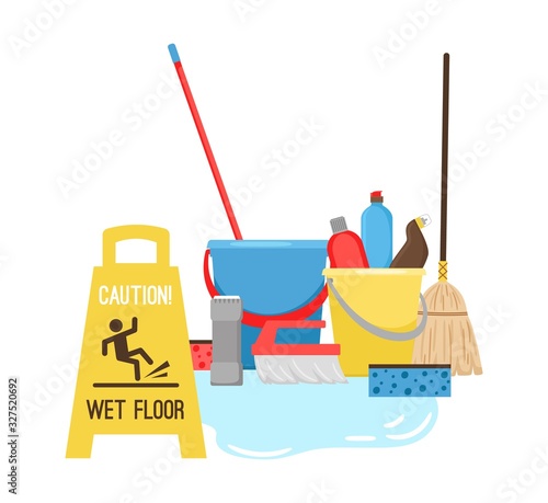 Cleaning, equipment for cleaning and mopping. Puddle and sign wet floor. Mop, bucket and sponge vector elements