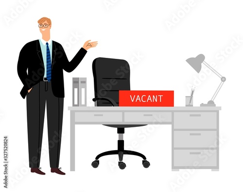 Open vacancy. Workplace and smiling HR manager. Businessman looking for employees, vacant place vector illustration